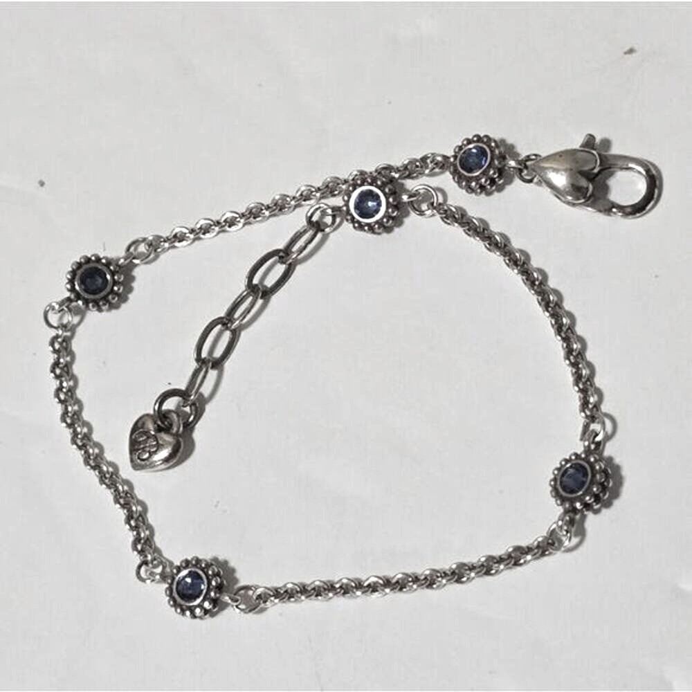 Brighton Silver Halo Blue Crystal Station Heart Charm Adjustable Chain Anklet
